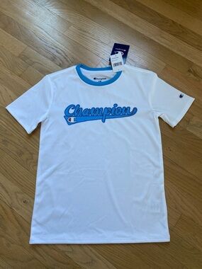 Champion S(8) White Tee with Blue Script and Blue Collar
